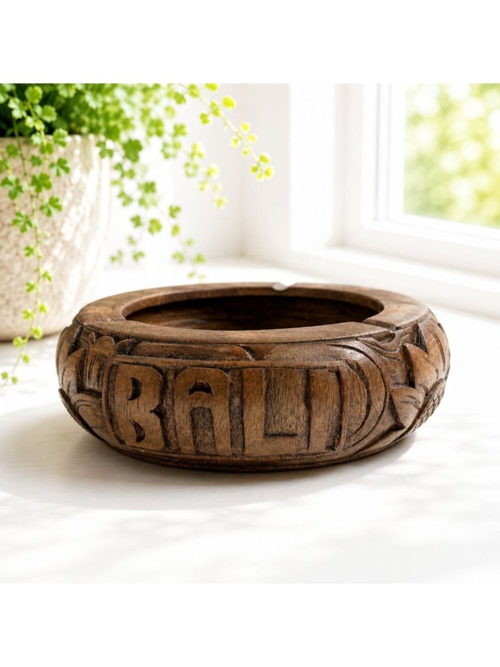 Hand-Carved Wooden Ashtray With Floral Motif - Bali Design - 2" H x 6" D